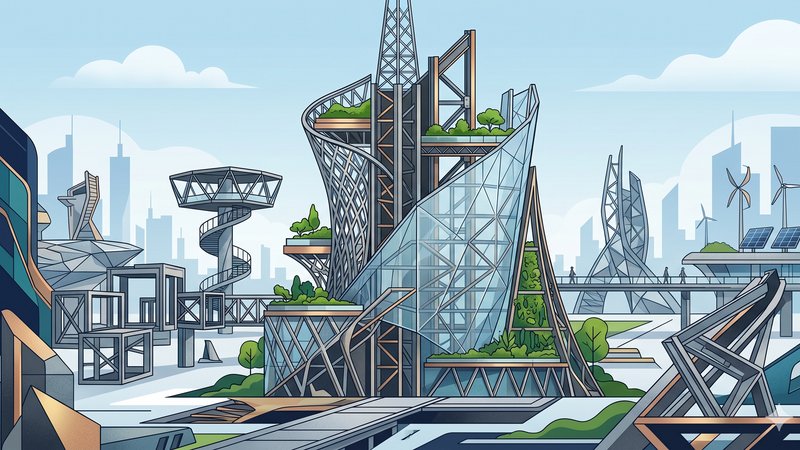 Современная 3D-иллюстрация футуристических металлических конструкций, демонстрирующая архитектурные тренды проектирования зданий в 2026 году